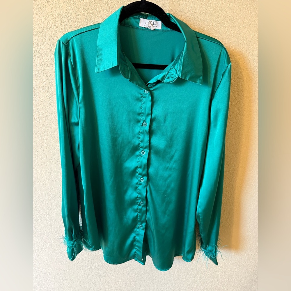 Green Satin Button-Front Women's Blouse